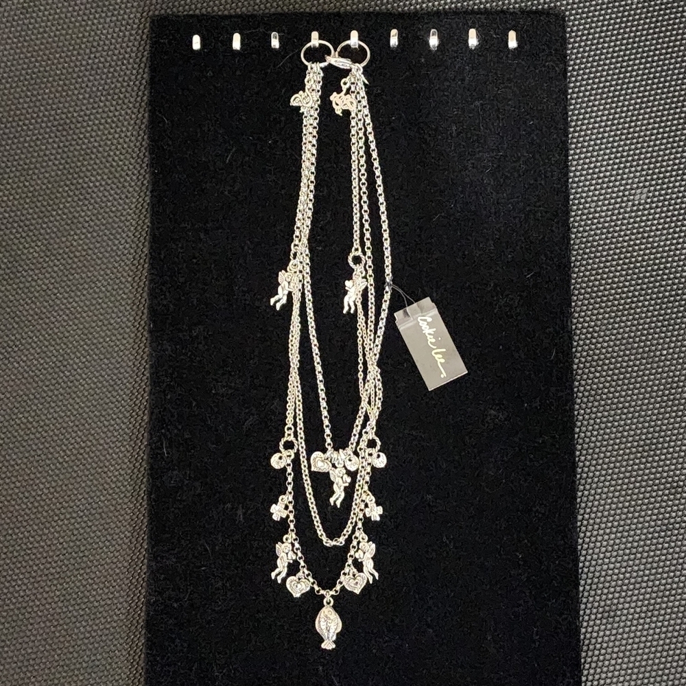 Cookie Lee Silver 3 Strand Layered Angel Heart and Crosses Necklace #25706 NWT